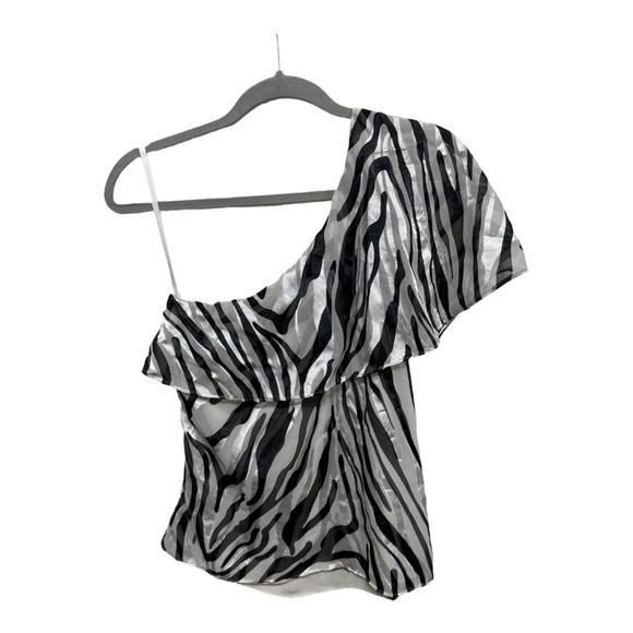 White House Black Market One Shoulder Blouse Womens 4 Zebra Print Sleeveless Top - Picture 4 of 6